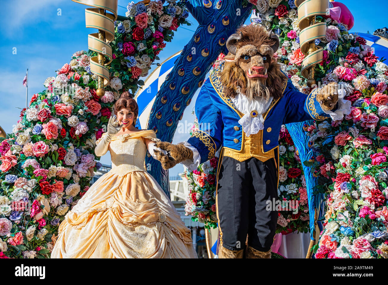 Belle and Beast in the festival of fantasy parade at the Magic Kingdom Stock Photo