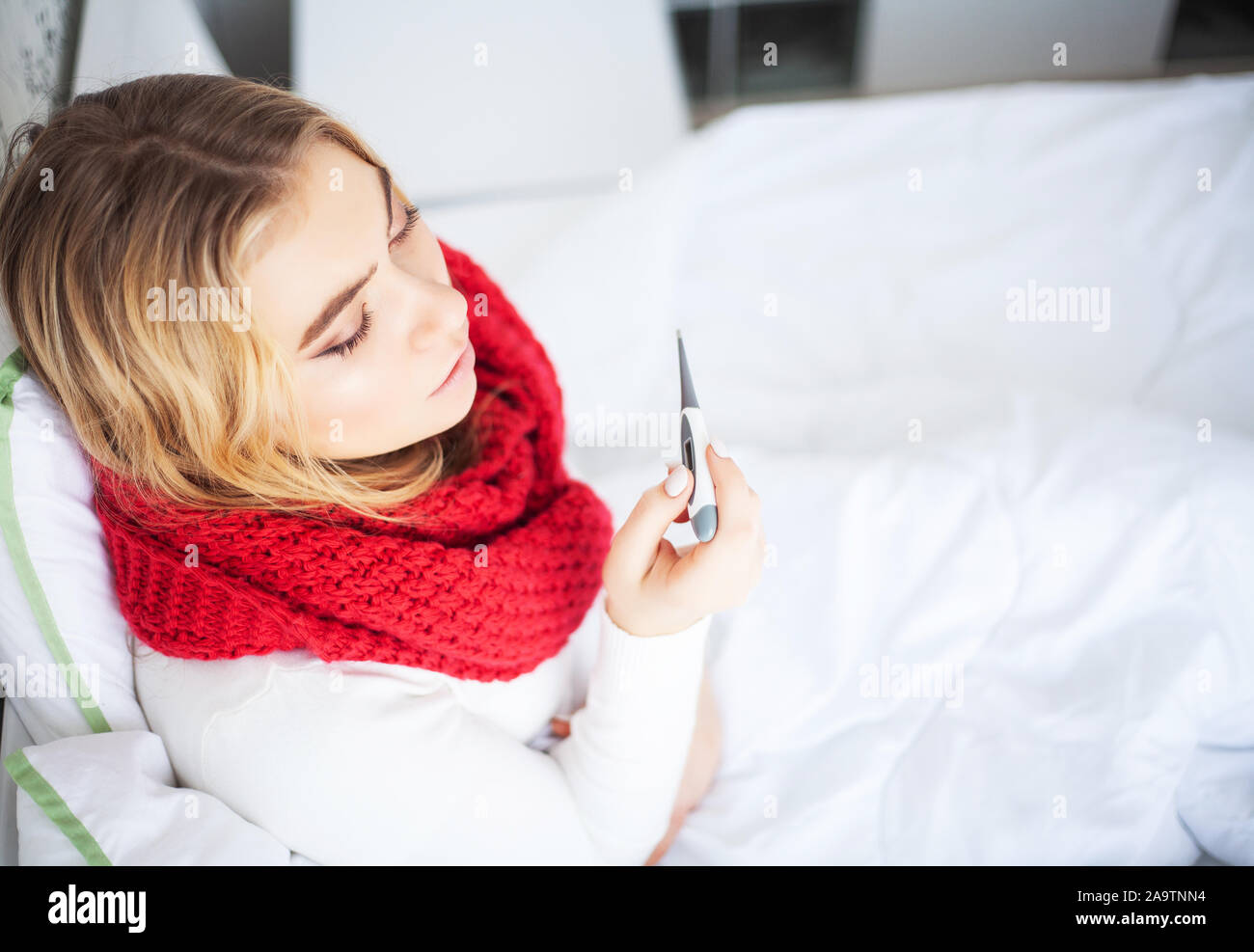 Fever And Cold. Portrait Of Beautiful Woman Caught Flu, Having Headache