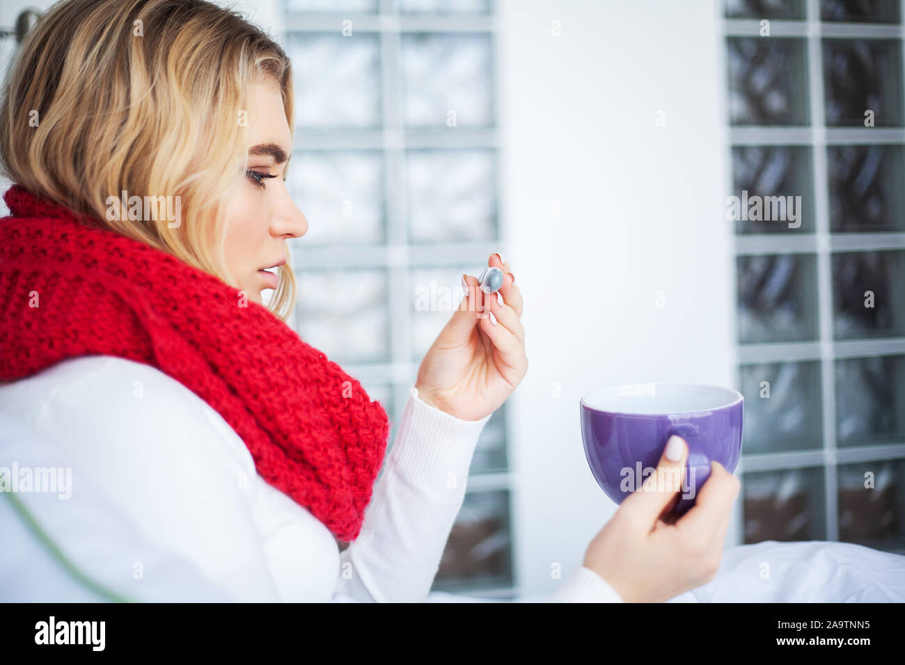 Fever And Cold. Portrait Of Beautiful Woman Caught Flu, Having Headache And High Temperature