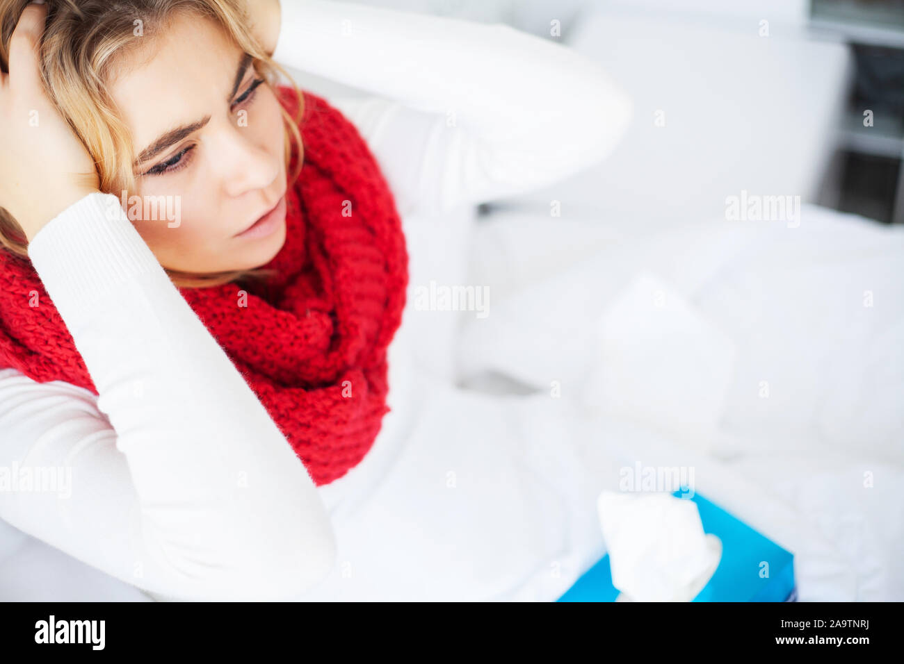 Fever And Cold. Portrait Of Beautiful Woman Caught Flu, Having Headache