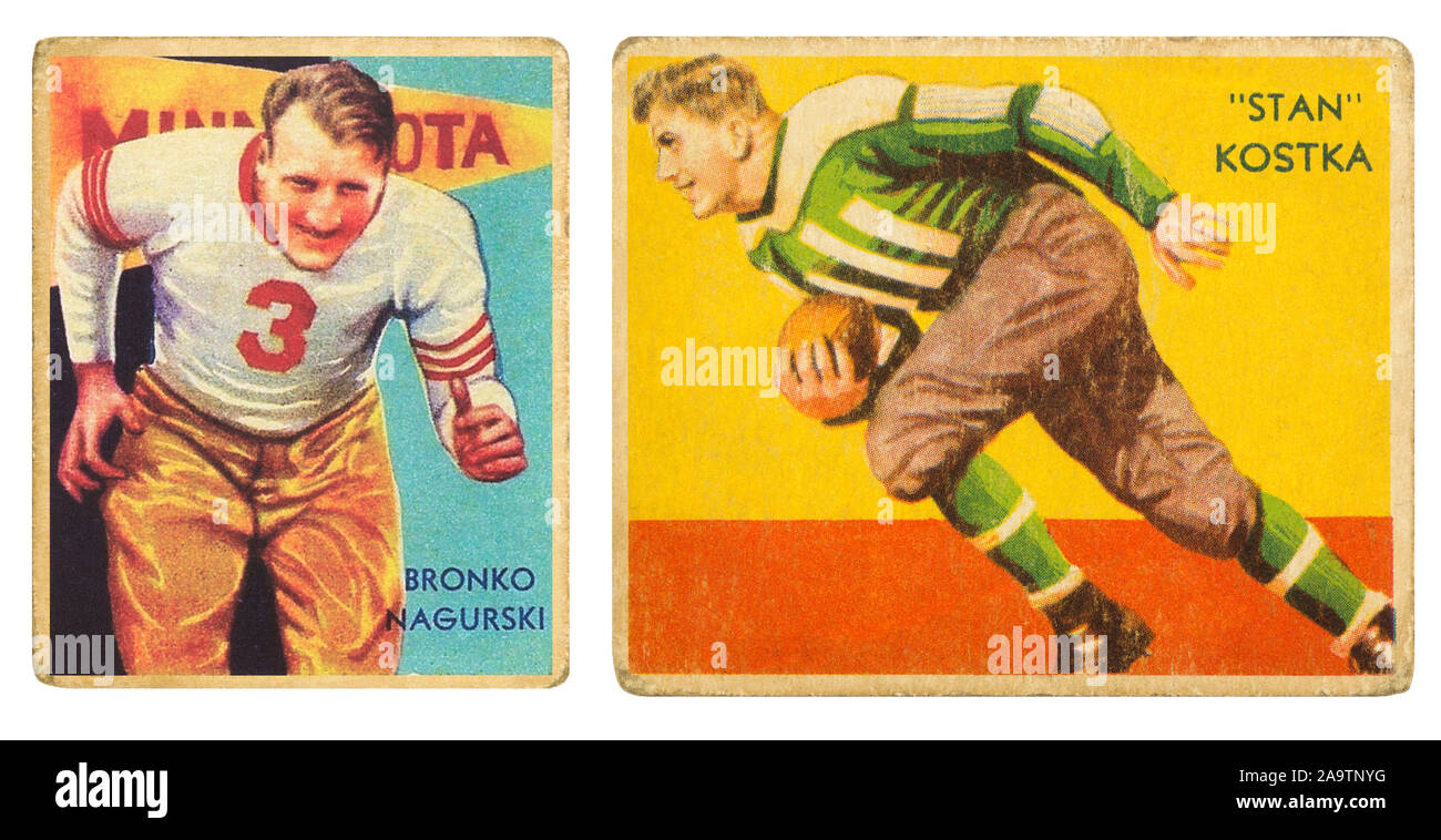 University of Minnesota football players Bronko Nagurski and Stan Kostka on 1935 National Chicle Co. football cards. Bronislau Bronko Nagurski is feat Stock Photo