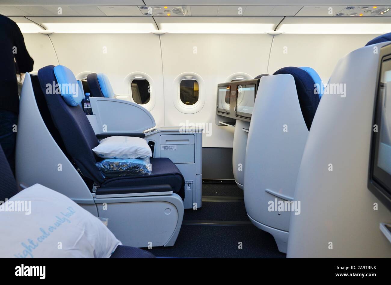 NEWARK, NJ -11 NOV 2019- View of the interior cabin of an Airbus A321