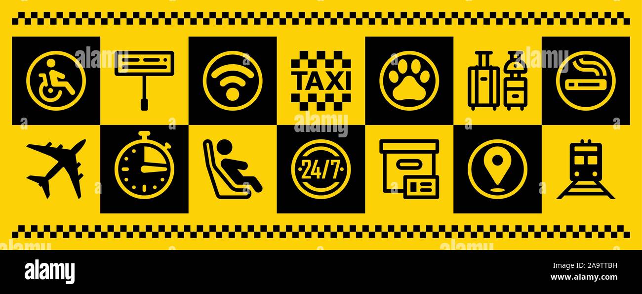 Taxi Service. Icon Set. Call Operator Support Service. Banner. Online mobile application order taxi service horizontal illustration. Baby car seat, lu Stock Vector
