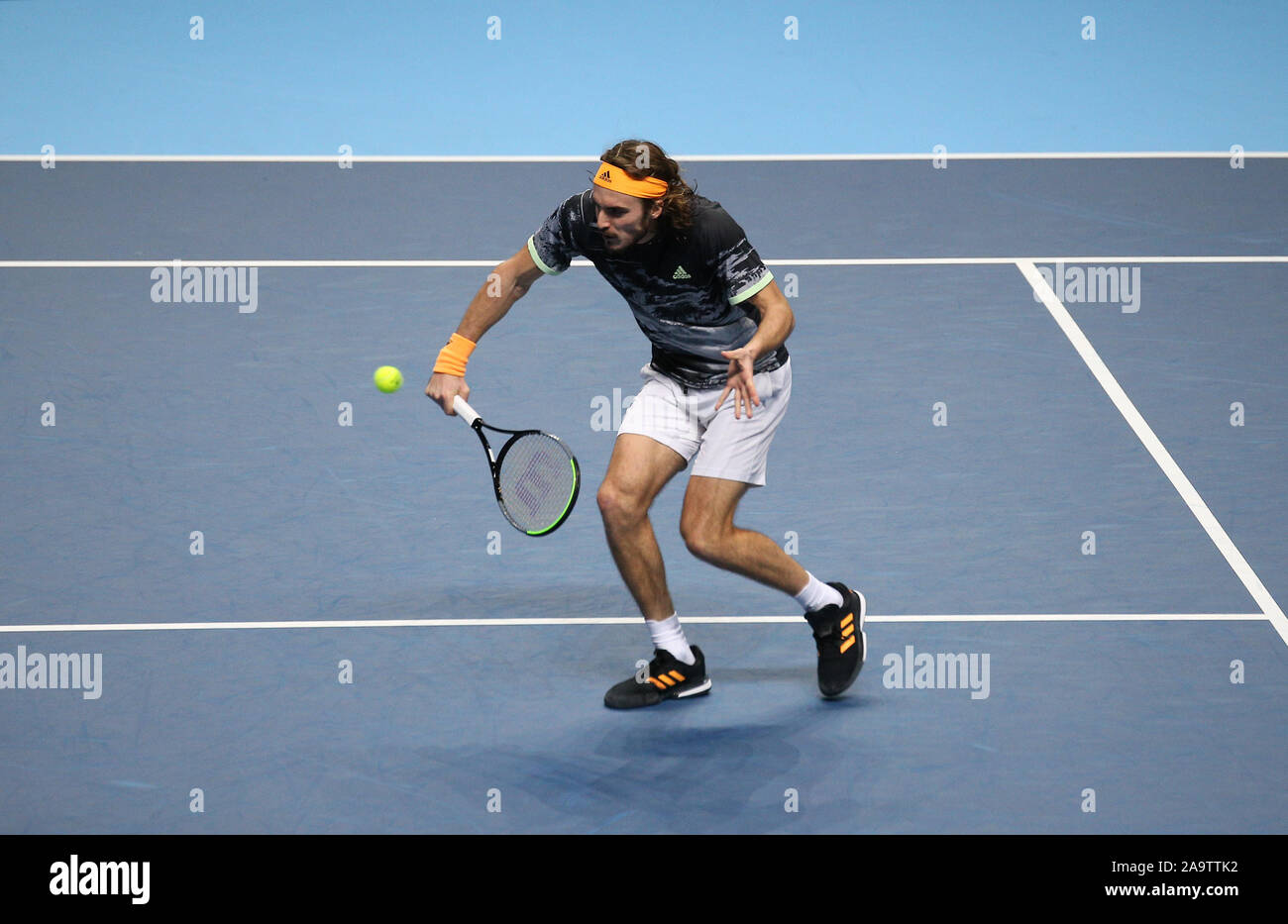 17th November 2019; O2 Arena, London, England; Nitto ATP Tennis Finals;  Stefanos Tsitsipas (GRE) plays a backhand shot in his singles final match  against Dominic Thiem (AUT) - Editorial Use Stock Photo - Alamy