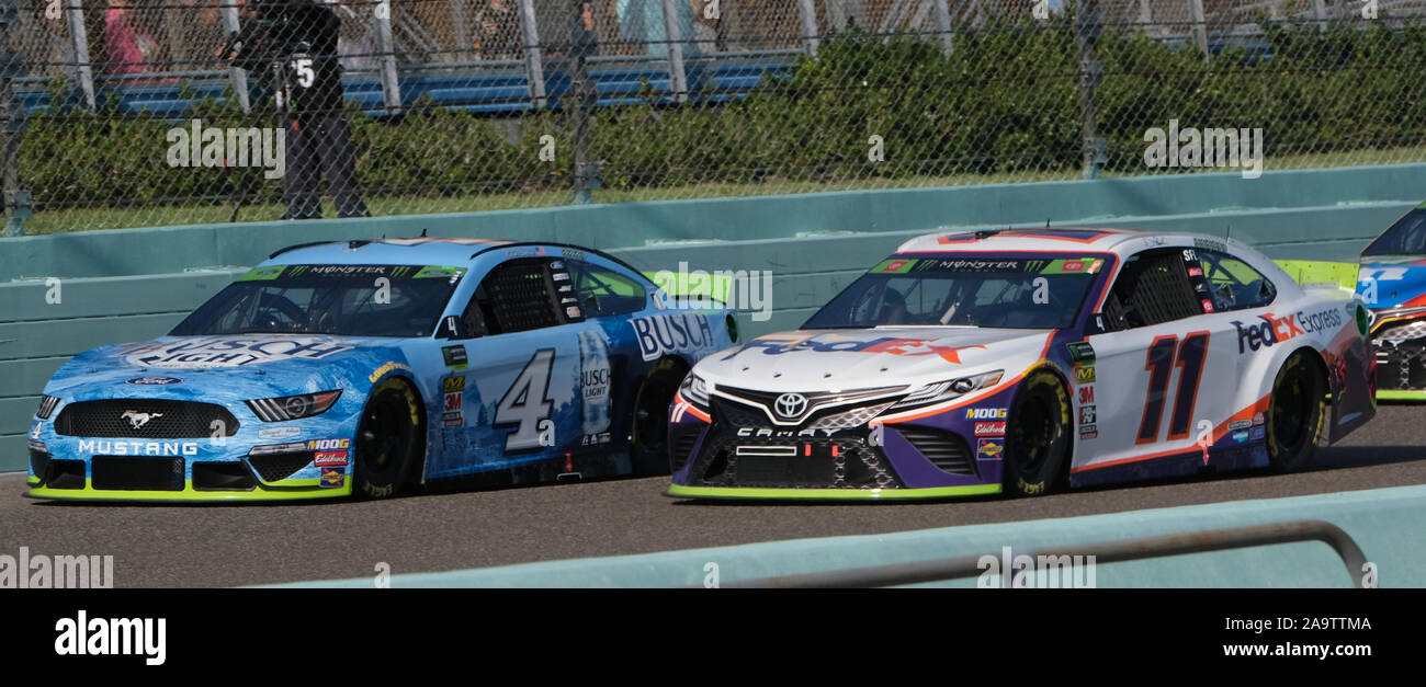 Homestead, United States. 17th Nov, 2019. Kevin Harvick (4) and Denny Hamlin (11) start the first lap of the NASCAR Ford EcoBoost 400 Cup Series Championship at Homestead-Miami Speedway in Homestead, Florida on Sunday, November 17, 2019. This is the last championship race to be held at the Homestead-Miami Speedway. Next season the championship will move to Phoenix, Arizona. Photo By Gary I Rothstein/UPI Credit: UPI/Alamy Live News Stock Photo