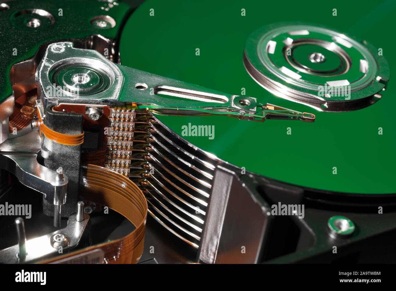 Opened and Exposed Hard Drive Platters in Green Stock Photo Alamy