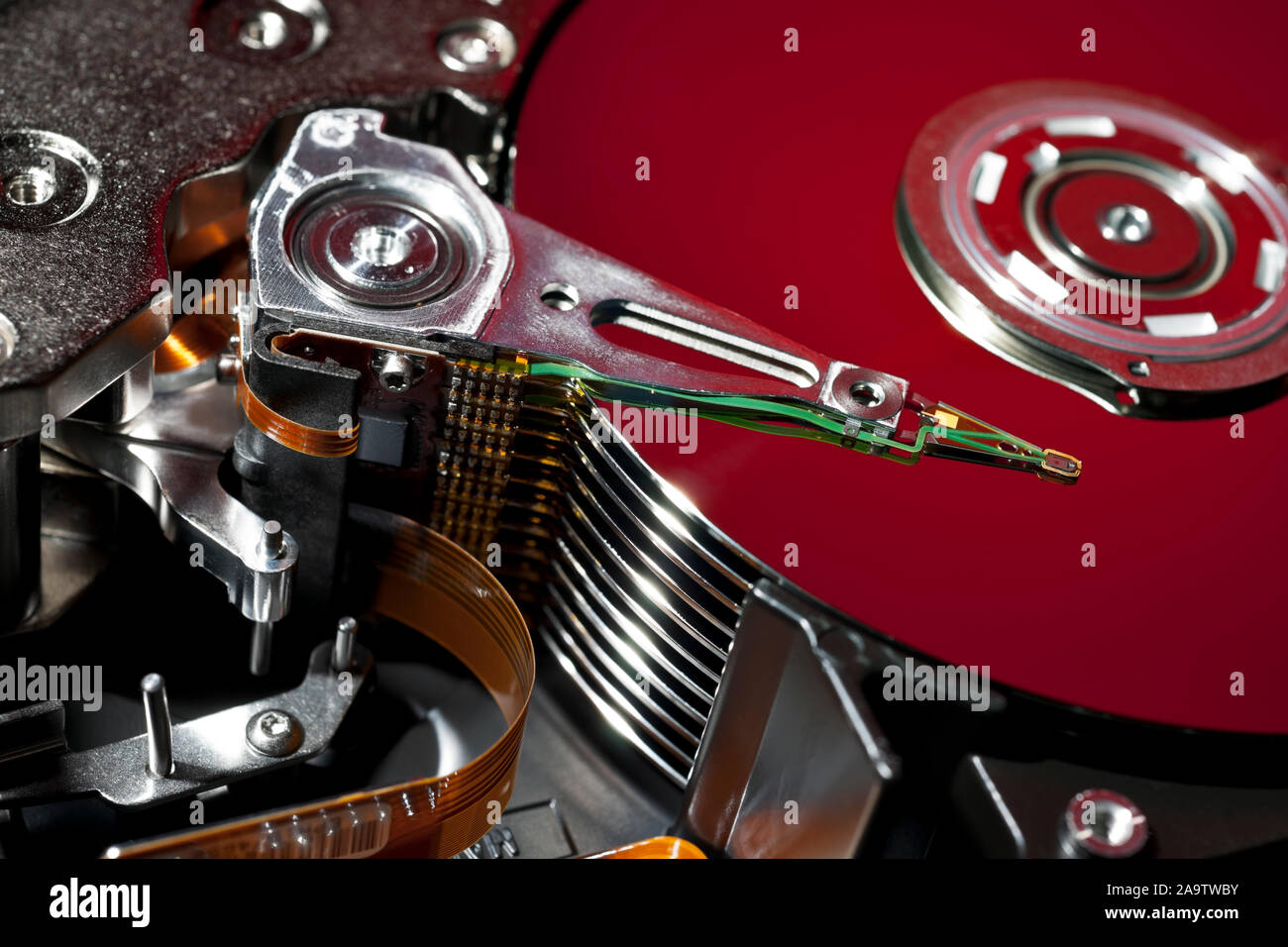 Opened and Exposed Hard Drive Platters in Red Stock Photo Alamy
