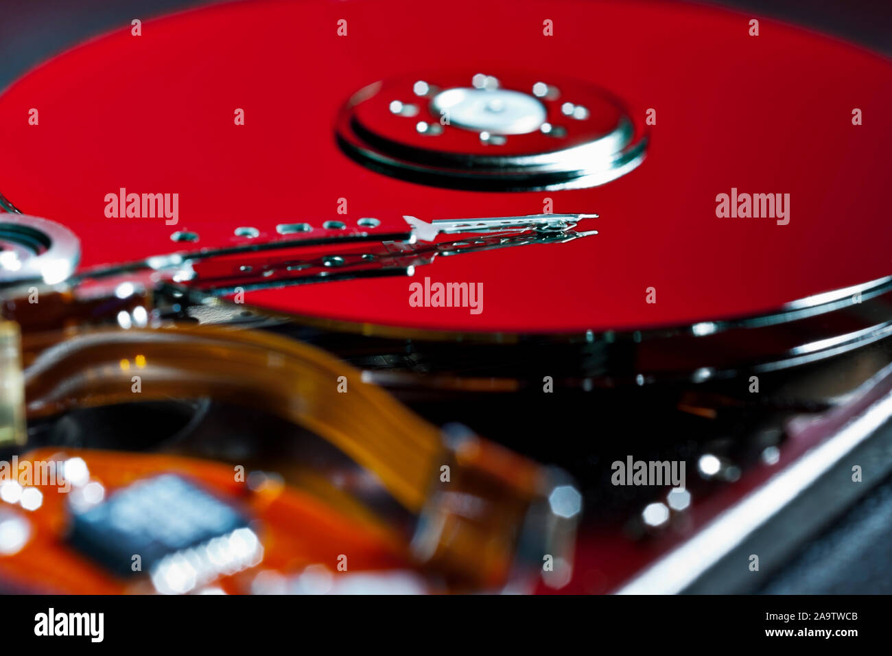 Opened and Exposed Hard Drive Platters in Red Stock Photo Alamy