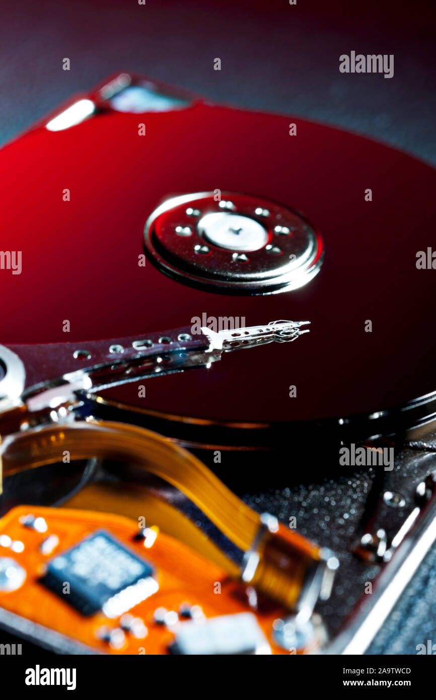 Opened and Exposed Hard Drive Platters in Red Stock Photo Alamy