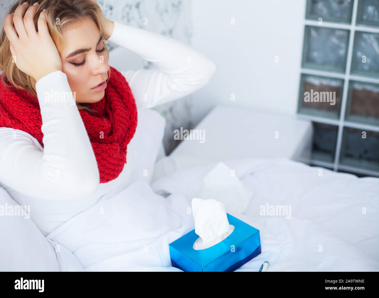 Fever And Cold. Portrait Of Beautiful Woman Caught Flu, Having Headache
