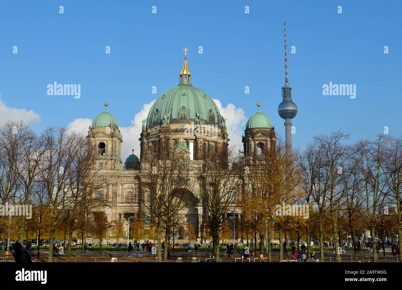 Berliner Dom (Berlin Cathedral) on an Autumn Sunday morning with the Fernsehturm (Television Tower) from the communist era beside it Stock Photo