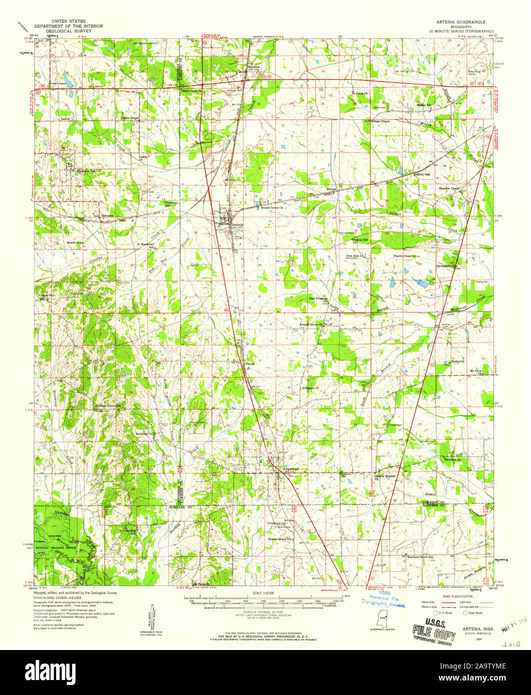 USGS TOPO Map Mississippi MS Artesia 336793 1959 62500 Restoration Stock Photo