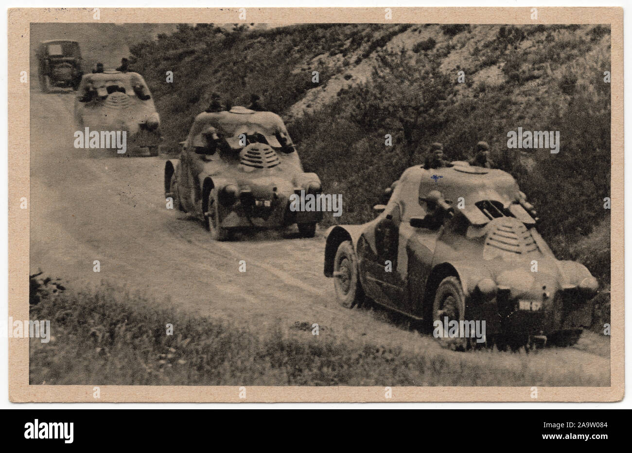Czechoslovak armoured cars Škoda PA-II Želva (Turtle) depicted in the Czechoslovak vintage postcard issued before 1929. Courtesy of the Azoor Postcard Collection. Stock Photo