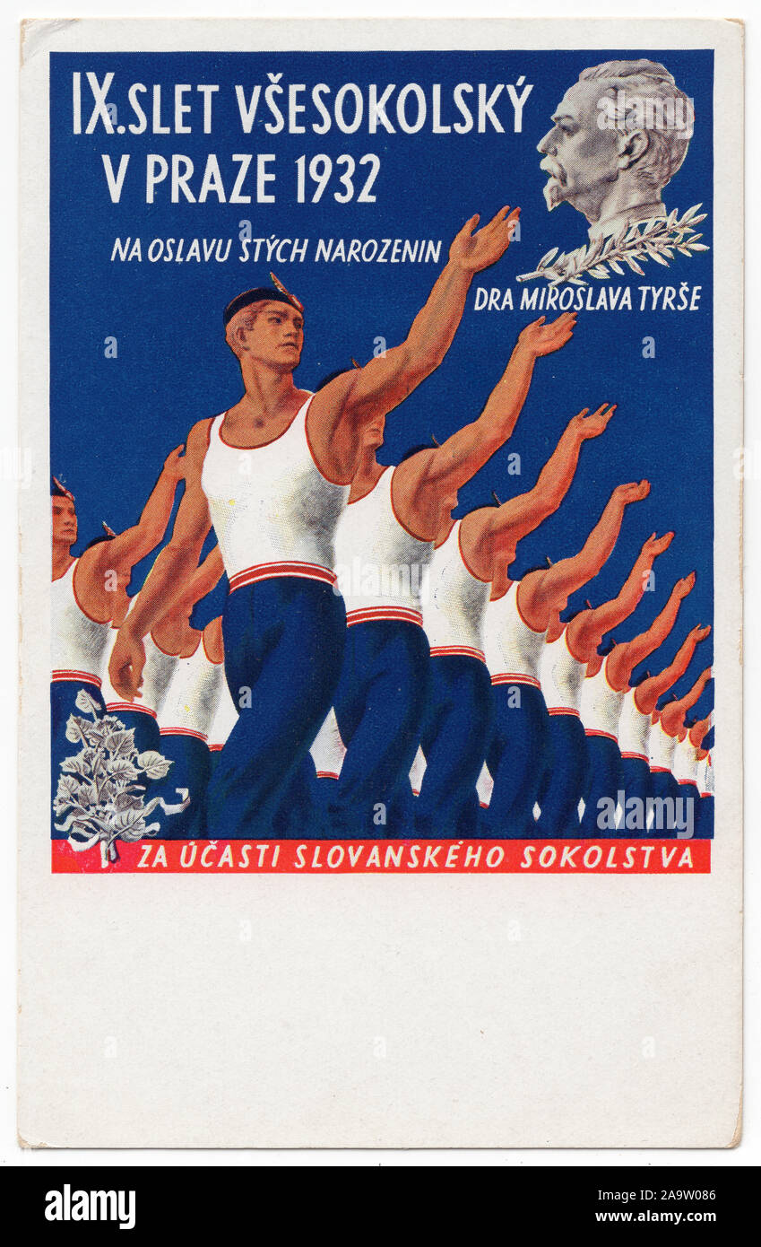 Marched muscular athletes depicted by Czech artist Antonín Pospíšil published in the Czechoslovak vintage postcard issued in occasion of the 9th Sokol mass gymnastics festival (IX. všesokolský slet) in 1932. Text in Czech means: To celebrate the 100th birthday of Miroslav Tyrš in the presence of the athletes from Slavic countries. Czech sports organizer Miroslav Tyrš was the founder of the Sokol movement. Courtesy of the Azoor Postcard Collection. Stock Photo