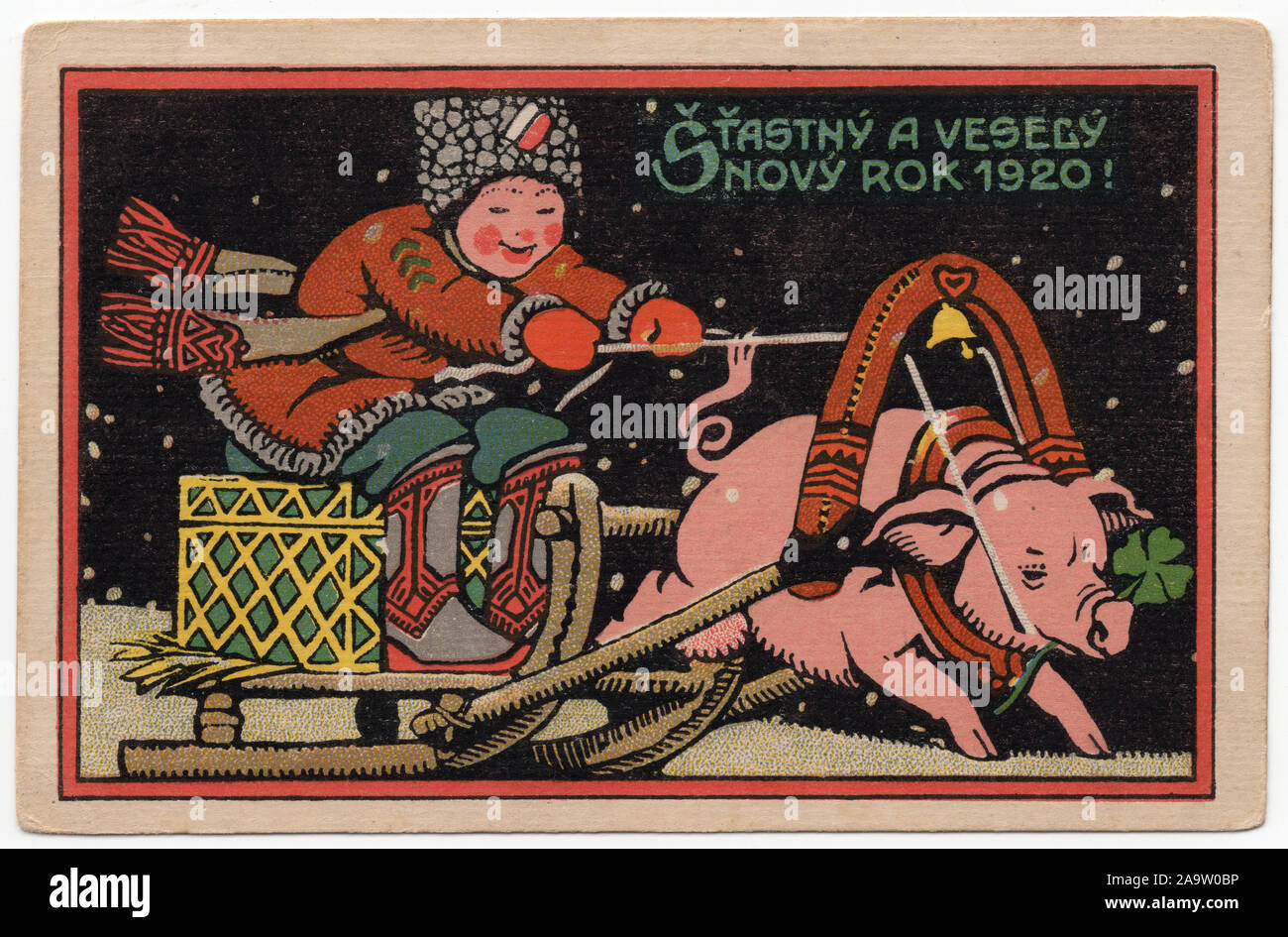 Czechoslovak soldier driving a pig harnessed to the sleigh through Russian winter depicted in the Czechoslovak vintage New Year postcard issued in 1919 by the Czechoslovak Legion in Russia. Text in Czech means: Happy and Merry New Year 1920! The Czechoslovak Legion was the volunteer armed forces heavily involved in the Russian Civil War fighting the Bolsheviks in Siberia. Courtesy of the Azoor Postcard Collection. Stock Photo