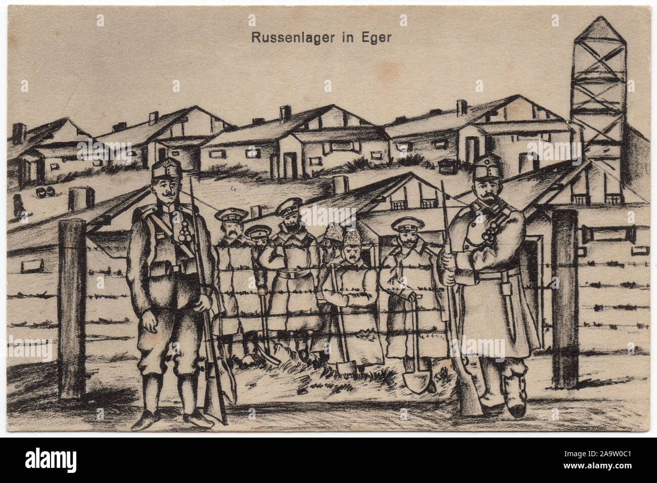 Russian prisoners of war in the Austro-Hungarian POW Camp of Eger (now Cheb in West Bohemia, Czech Republic) during the First World War depicted in the undated drawing by an unknown artist, probably by one of the Russian prisoners, and published in the vintage postcard issued by local publisher Johann Russ issued probably in 1918. Courtesy of the Azoor Postcard Collection. Stock Photo
