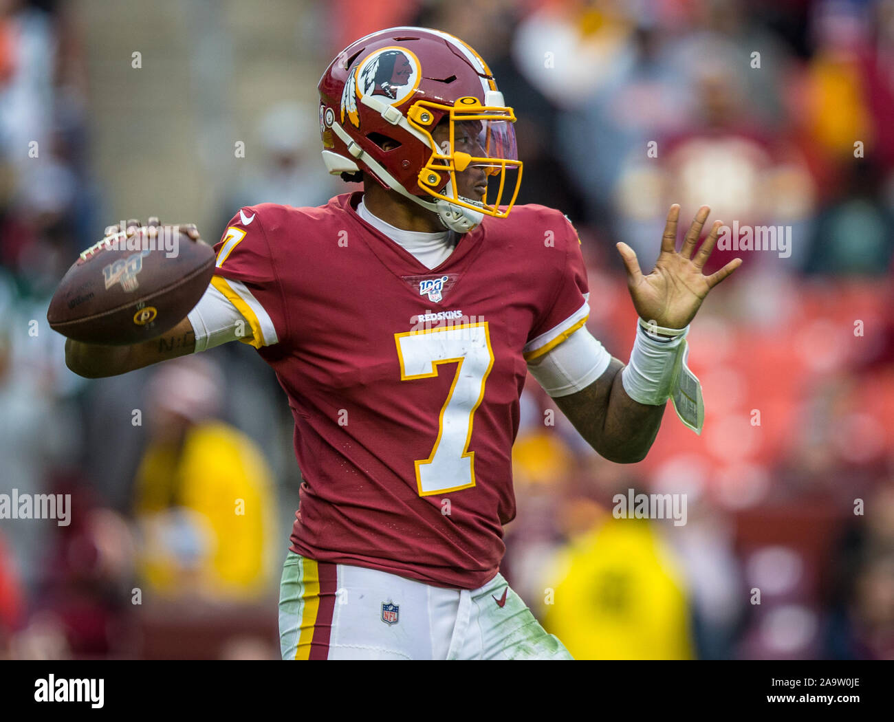 Washington Redskins quarterback Dwayne Haskins celebrates a touchdown pass  during an NFL football game against the New York Jets, Sunday, Nov. 17,  2019, in Landover, Md. (AP Photo/Mark Tenally Stock Photo - Alamy