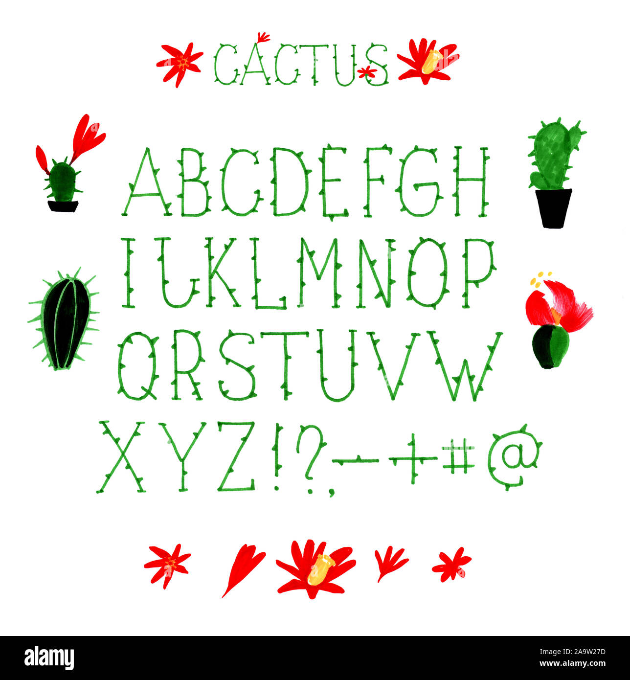 Cactus font made by hands green and red marker. Cheerful decorative font for decoration of postcards posters and websites. Good mood. The natural them Stock Photo