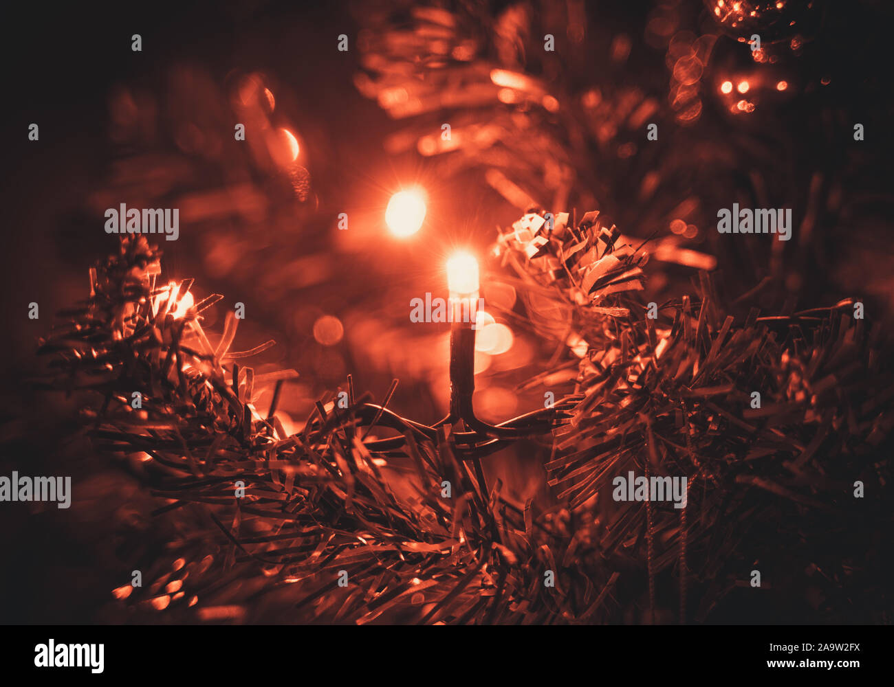 Red Christmas Light shining on a Christmas tree. Illuminate the branches. Blurry background. Stock Photo