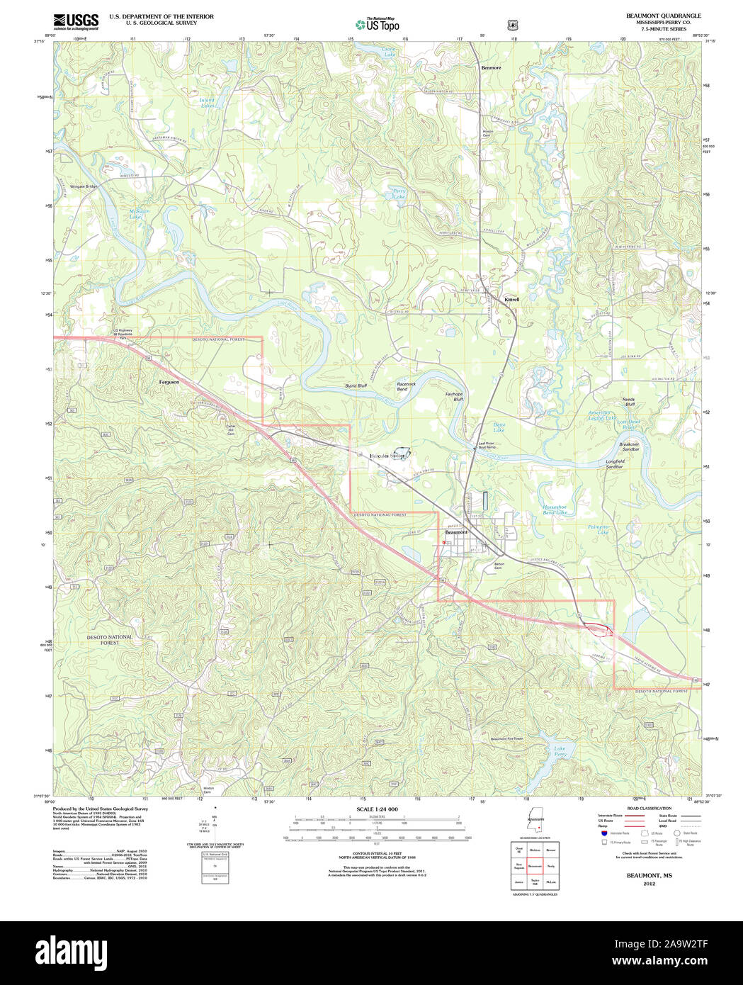 USGS TOPO Map Mississippi MS Beaumont 20120314 TM Restoration Stock Photo
