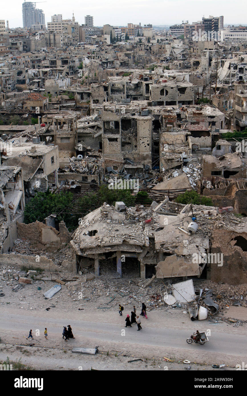 Old district of Homs. Some residents of the city of Homs after ending the conflict are returning to their home town. on 2014/May/20 Stock Photo