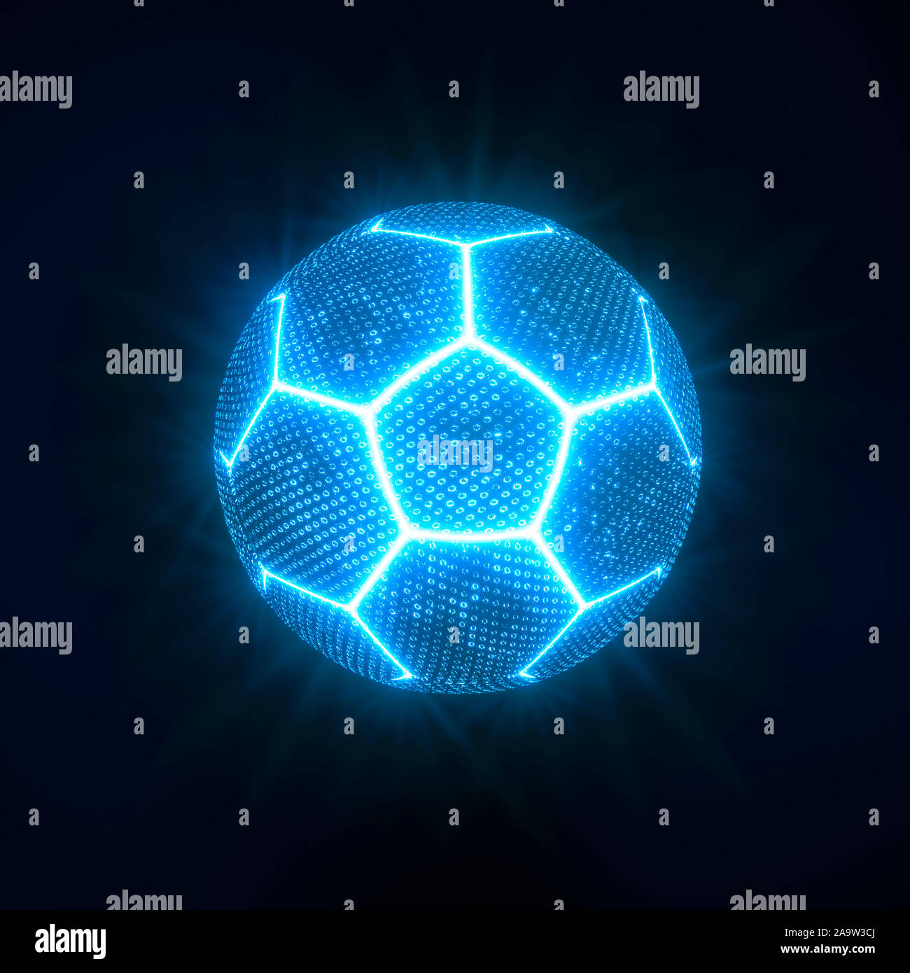 Glowing neon football or soccer ball with blue seams and blue cells