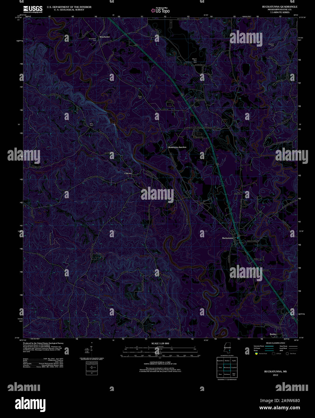 USGS TOPO Map Mississippi MS Buckatunna 20120314 TM Inverted