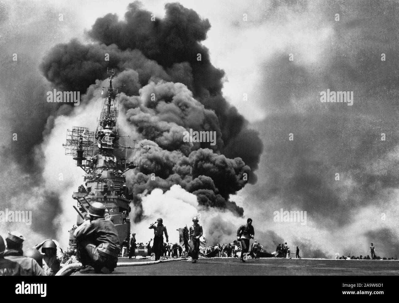 USS Bunker Hill hit by two Kamikazes, May 11, 1945 Stock Photo
