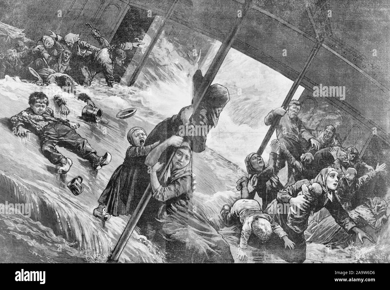 Between decks of an ocean steamer during a storm - Shipping a heavy sea - People sliding on tilting floor of an ocean steamer during a storm, circa 1885 Stock Photo