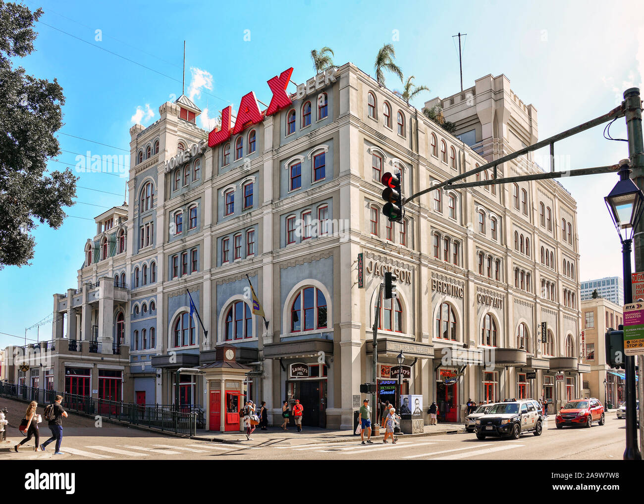 New Orleans, LA, USA - September 26, 2019: The historic building on Decatur St that once housed the Jackson Brewing Company but now contains restauran Stock Photo