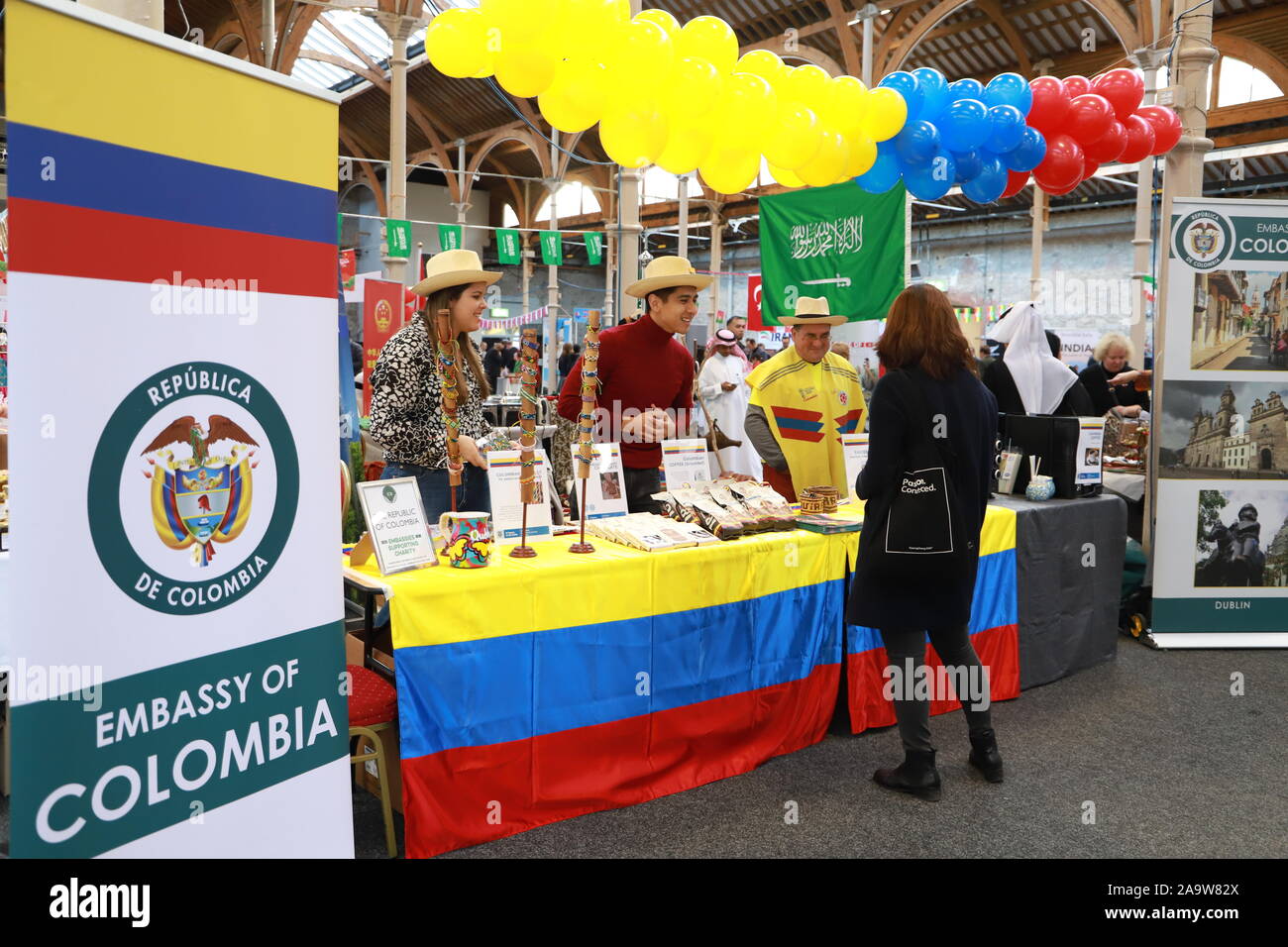 Ireland. 18th Nov, 2019. A woman visits the Colombian stall at an international charity bazaar held in Dublin, Ireland, Nov. 17, 2019. An international charity bazaar organized by the diplomatic corps in Ireland in partnership with local communities was held here on Sunday. Over forty foreign embassies in Ireland including the Chinese embassy participated in the event held at Industries Hall of Royal Dublin Society. Credit: Xinhua/Alamy Live News Stock Photo