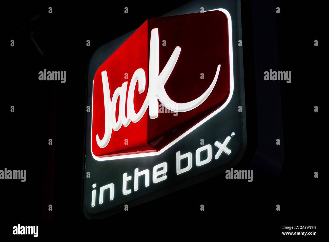 Oct 20, 2019 Redwood City / CA / USA - Night view of Jack in the box sign at one of their locations in South San Francisco bay area Stock Photo