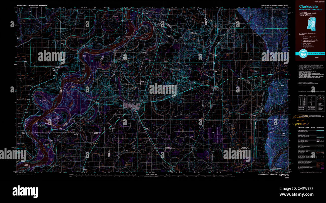 USGS TOPO Map Mississippi MS Clarksdale 337201 1990 100000 Inverted Restoration Stock Photo