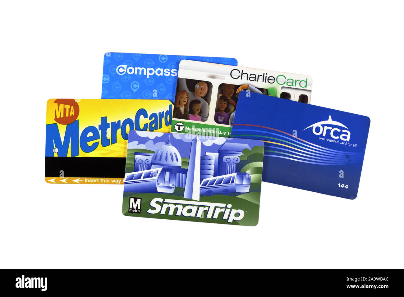 Rechargeable regional transit fare cards in North America isolated on a white background. except for one, all are rfid. cutout image for editorial use Stock Photo