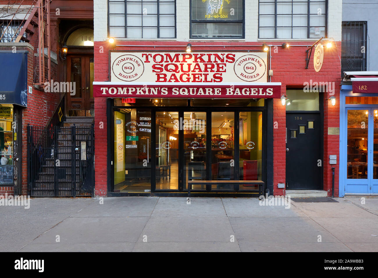 Tompkins Square Bagels, 184 2nd Ave, New York, NY. exterior storefront of a bagelry in the East Village neighborhood of Manhattan. Stock Photo