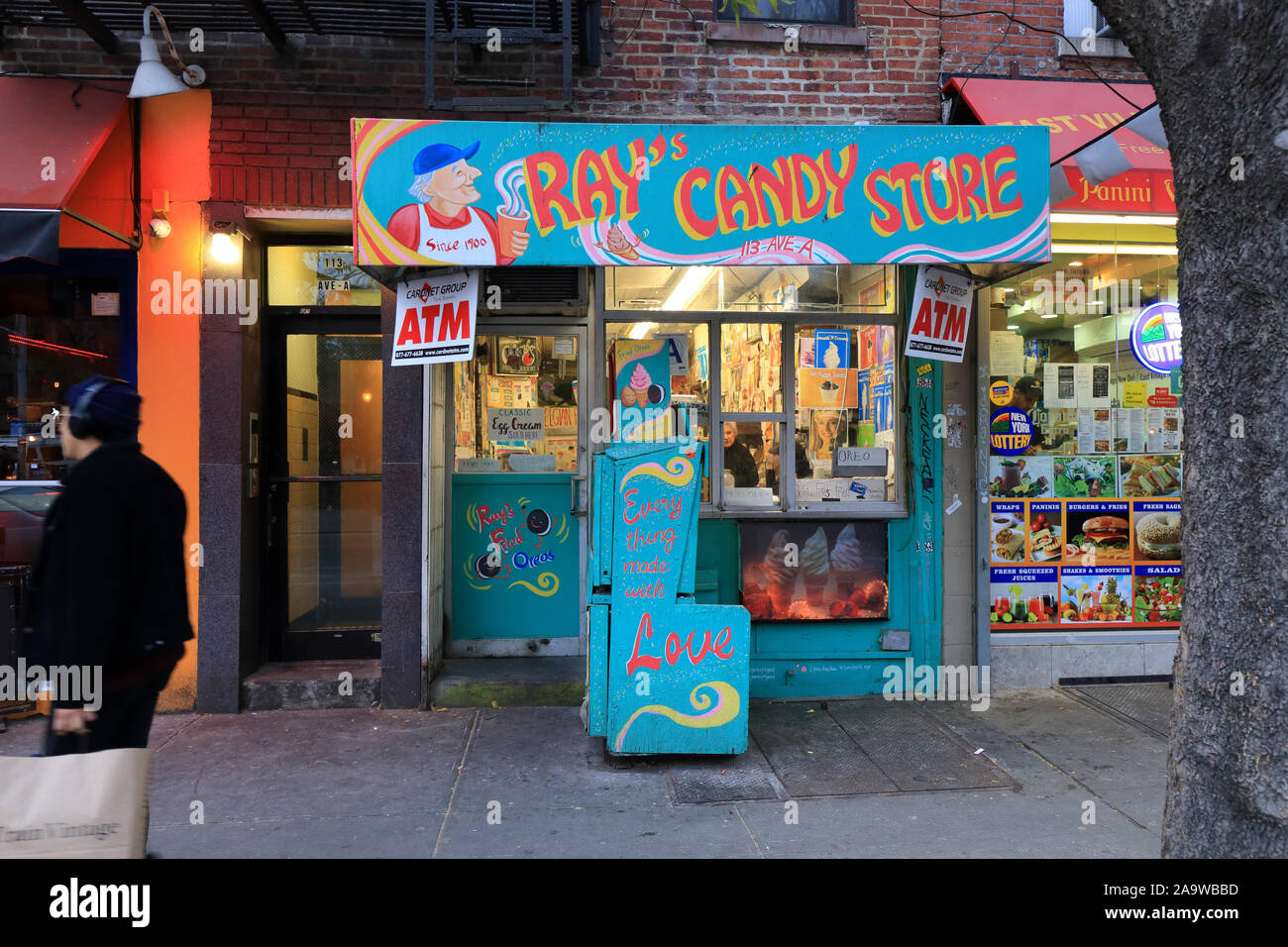 Ray's Candy Store, 113 Avenue A, New York, NY. exterior storefront of a local soda fountain in the East Village neighborhood of Manhattan Stock Photo