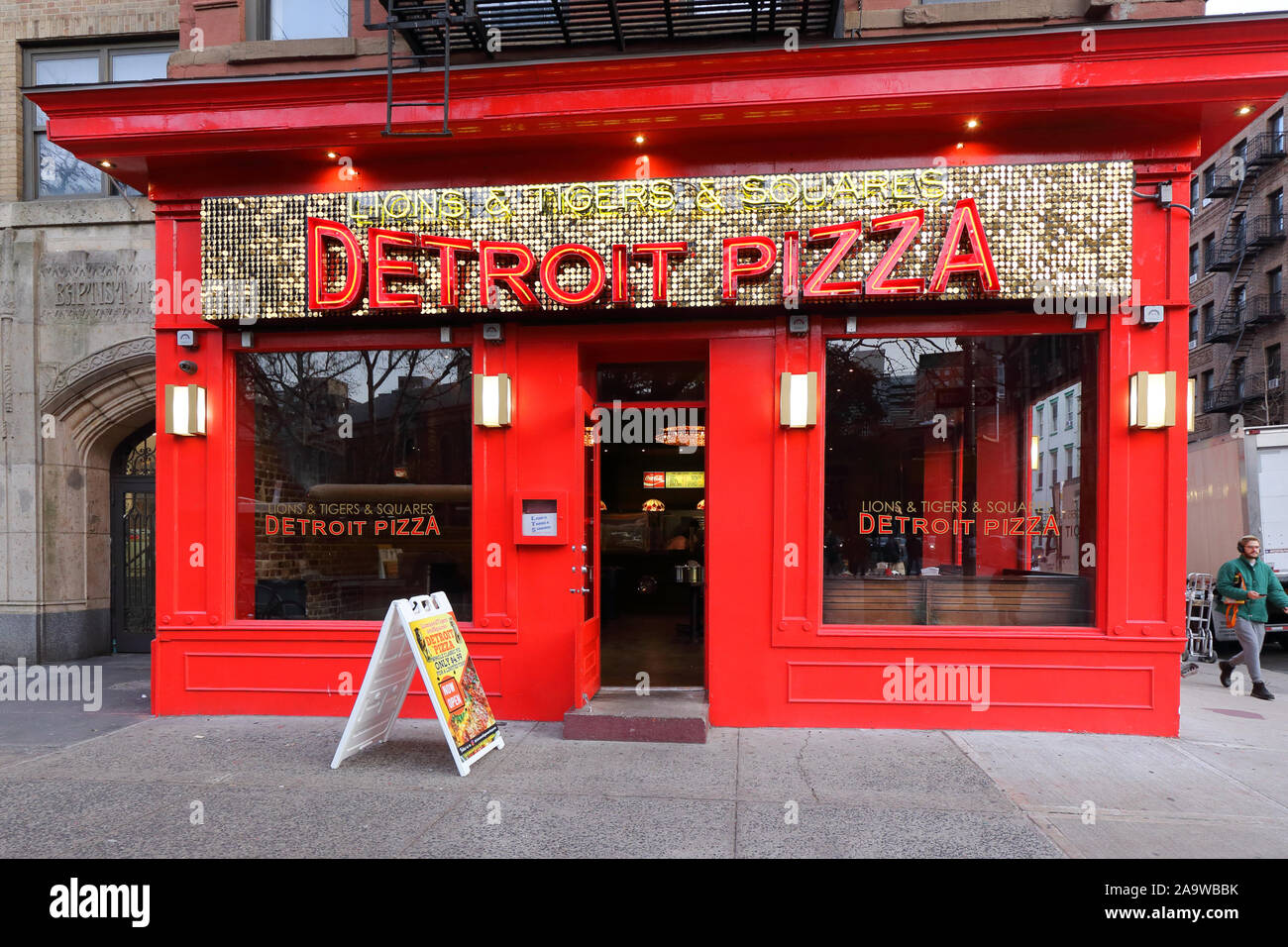 [historical storefront] Lions & Tigers & Squares Detroit Pizza, 160 2nd Ave, New York, NYC storefront photo of a Detroit pizzeria in the East Village Stock Photo