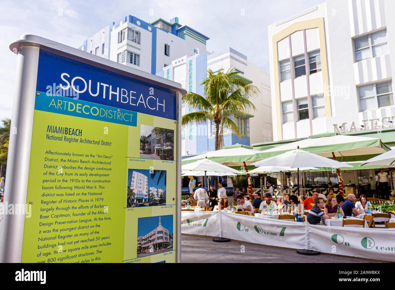 Miami Beach Florida,Ocean Drive,New Year's Day,al fresco sidewalk outside tables,dining,restaurant restaurants food dining cafe cafes,hotel,sign,infor Stock Photo