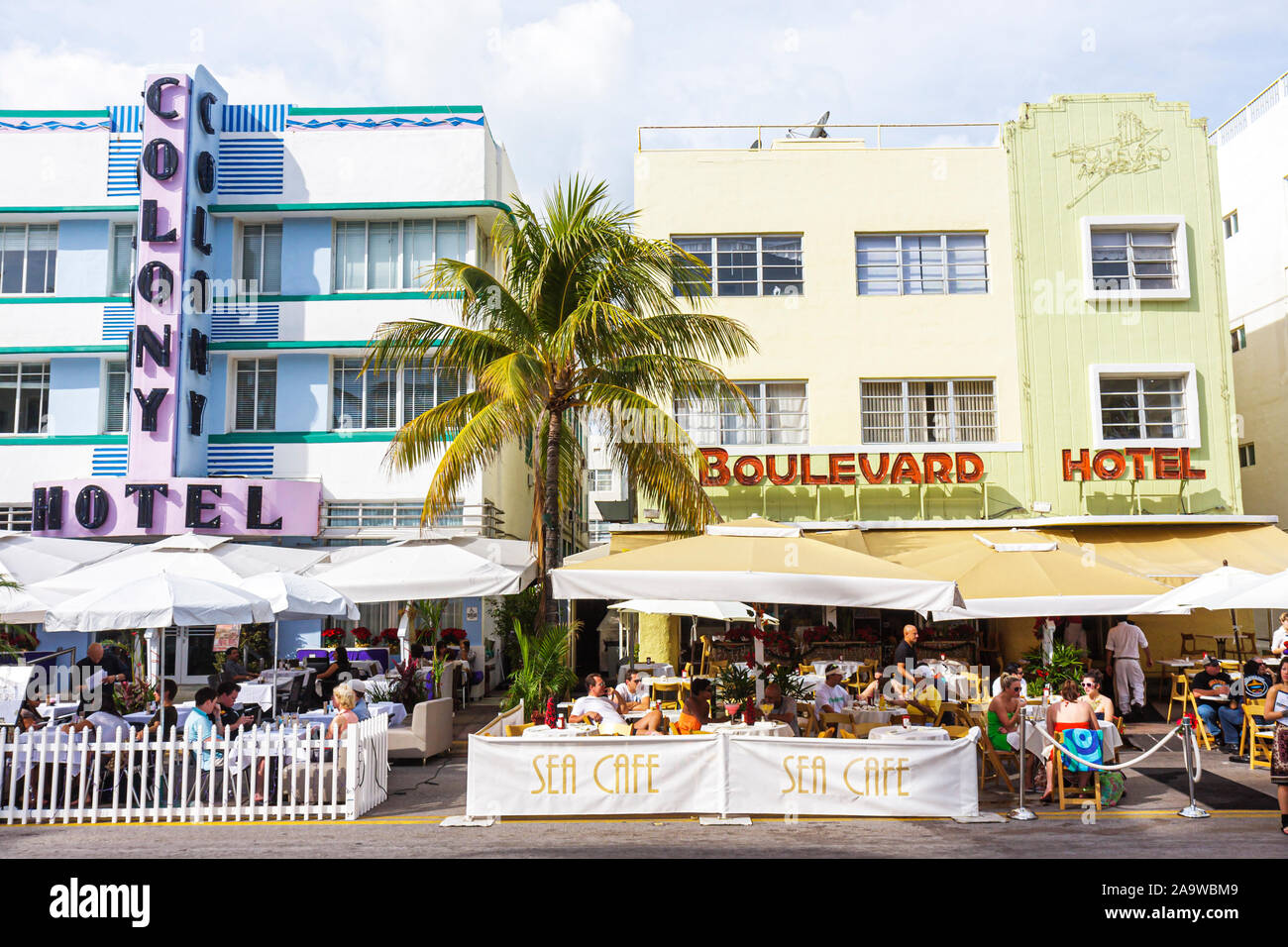 Miami Beach Florida,Ocean Drive,New Year's Day,al fresco sidewalk outside tables,dining,restaurant restaurants food dining cafe cafes,hotel,FL10012301 Stock Photo