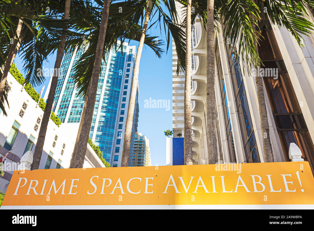 Miami Florida,Brickell District,downtown skyline,sign,prime space available,urban,FL100123036 Stock Photo