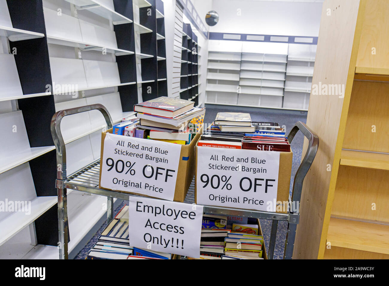 Miami Florida,Hialeah,Westland Mall,Waldenbooks,store closing,clearance sale,book,books,empty shelves,shopping shopper shoppers shop shops market mark Stock Photo