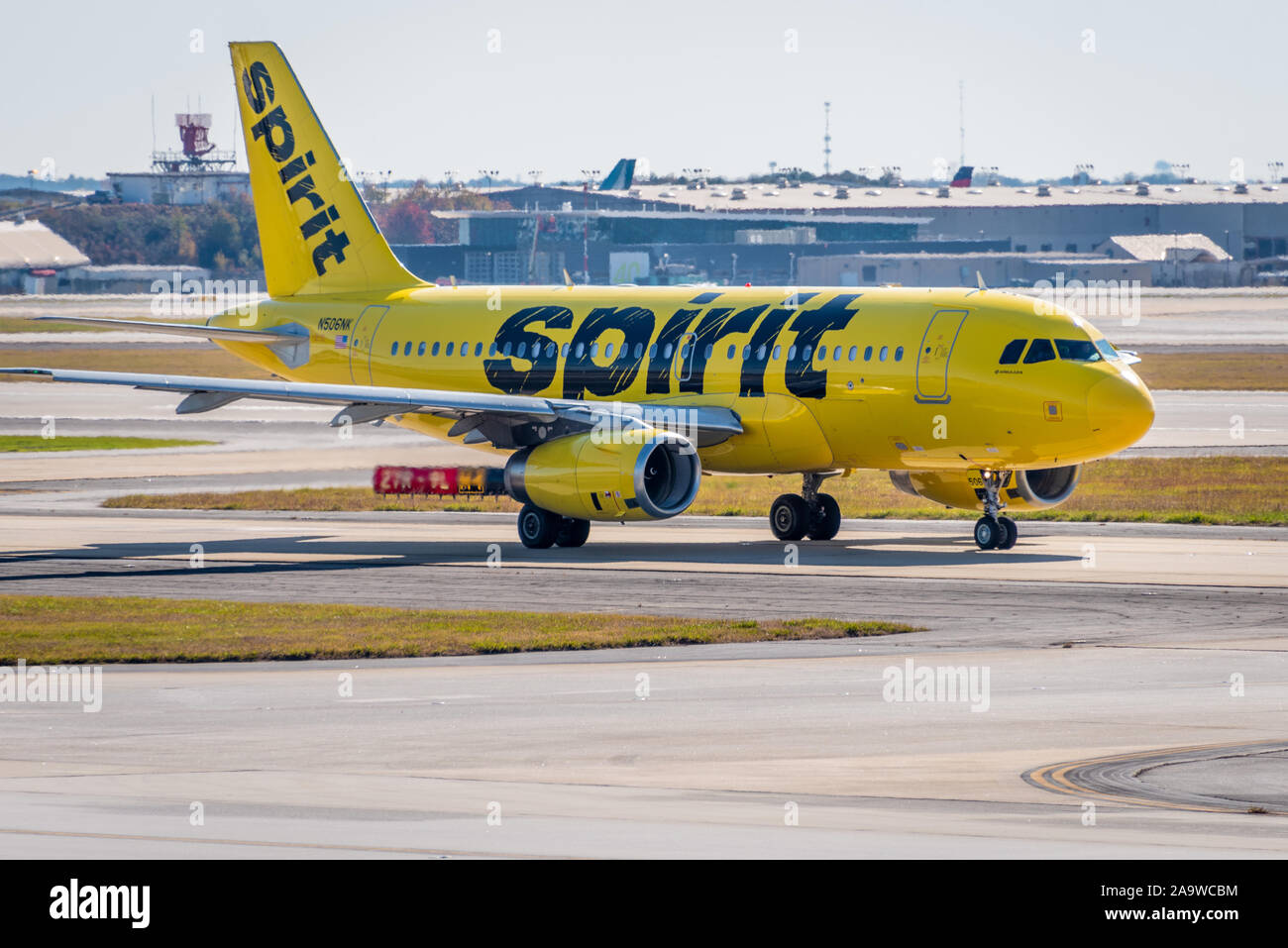 Spirit Airlines passenger jet on the runway at Hartsfield-Jackson Atlanta International Airport in Atlanta, Georgia. Stock Photo