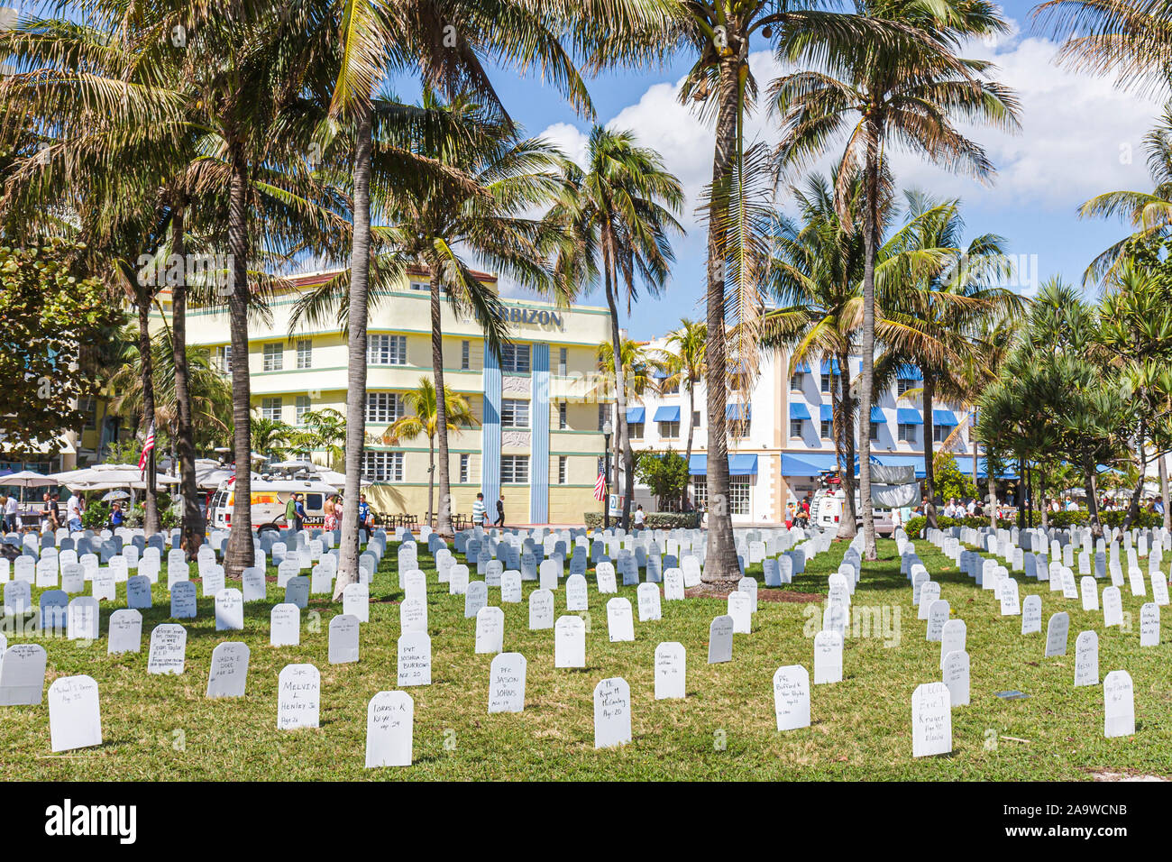 Miami Beach Florida,Lummus Park,Veterans for Peace,memorial,tombstones represent dead soldiers,Afghanistan,Iraq War,FL100207127 Stock Photo