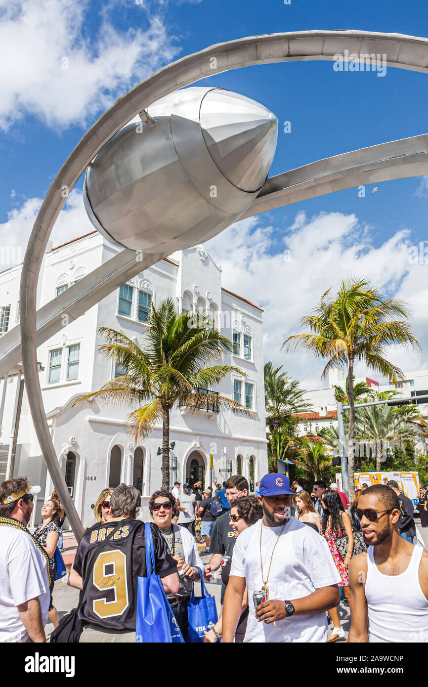 Miami Beach Florida,Ocean Drive,Super Bowl XLIV Week NFL football arch sculpture art visitors fans Stock Photo