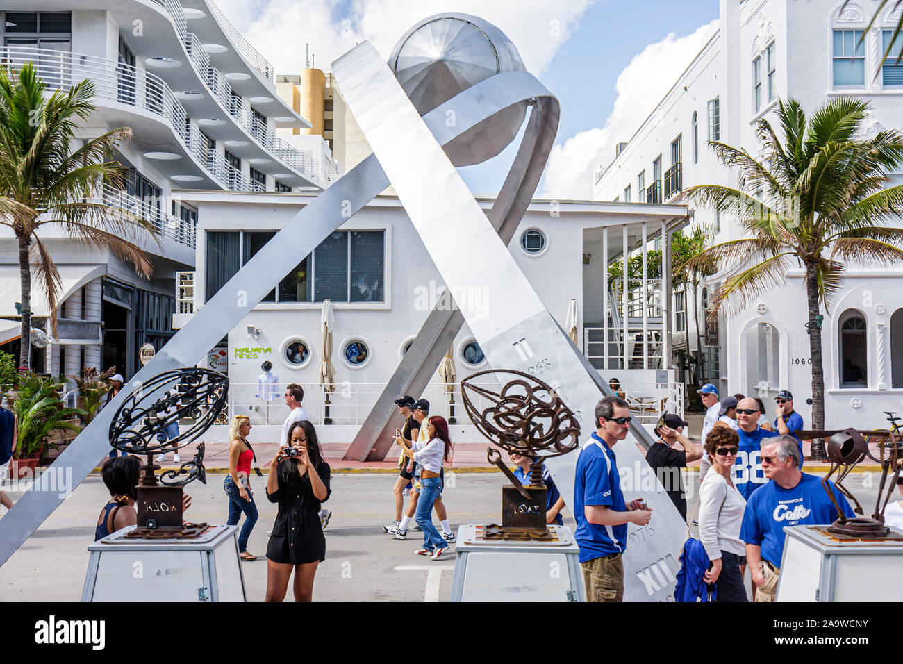 Miami Beach Florida,Ocean Drive,Super Bowl XLIV Week,NFL,football,arch,sculpture,art artwork,visitors travel traveling tour tourist tourism landmark l Stock Photo