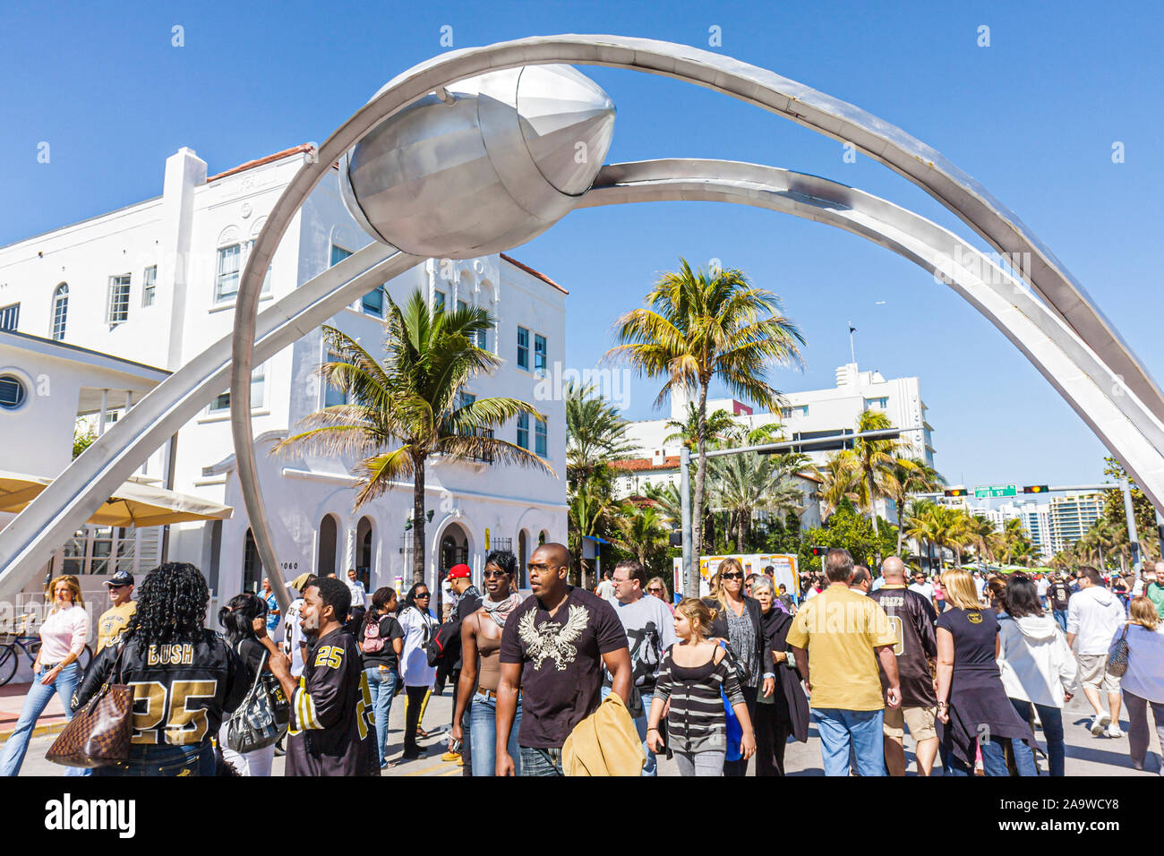 Miami Beach Florida,Ocean Drive,Super Bowl XLIV Week,NFL,football,arch,sculpture,FL100207189 Stock Photo