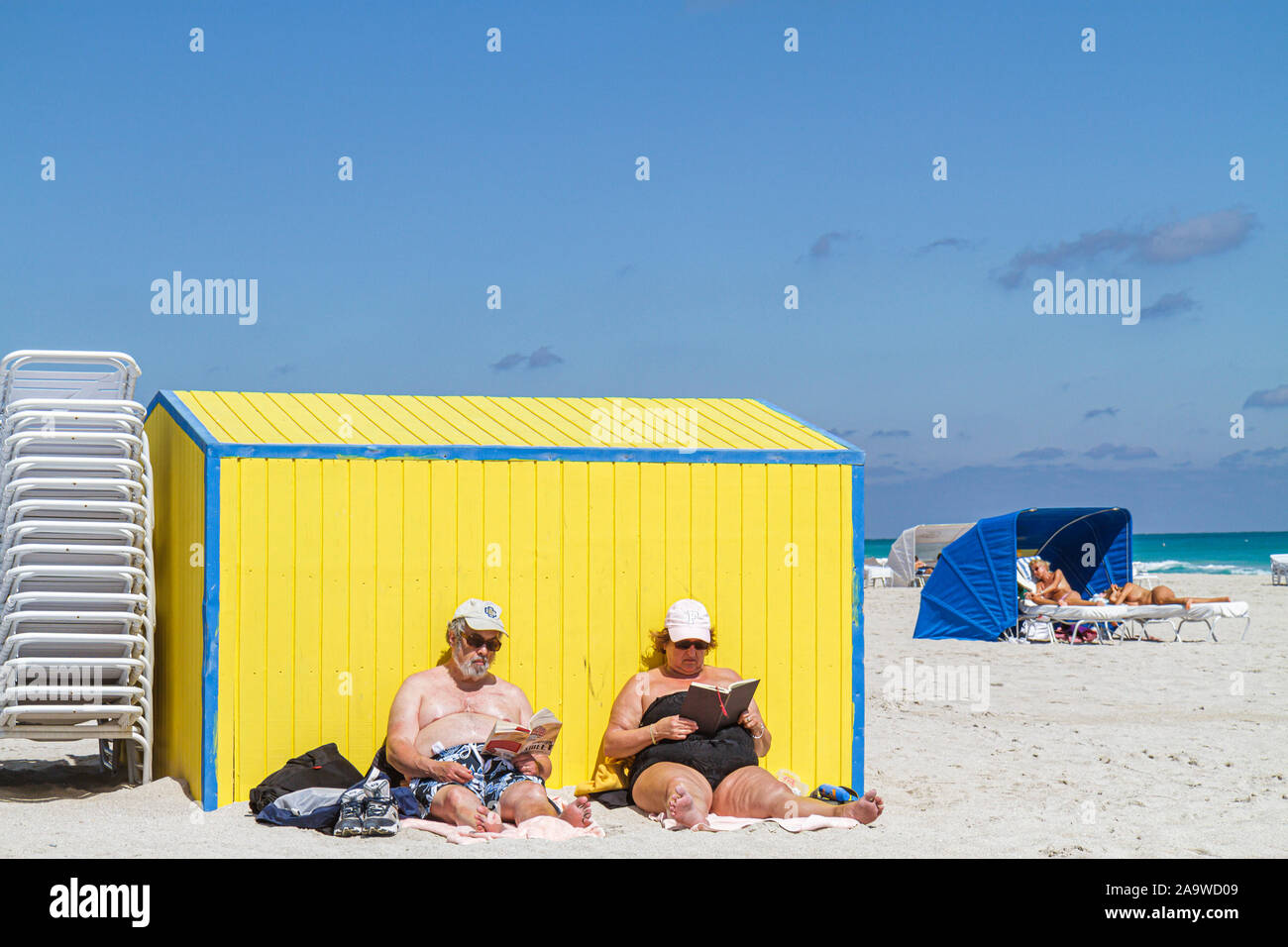 Miami Beach Florida,Atlantic Ocean,water,man men male,woman female women,couple,sunbathing,FL100214005 Stock Photo