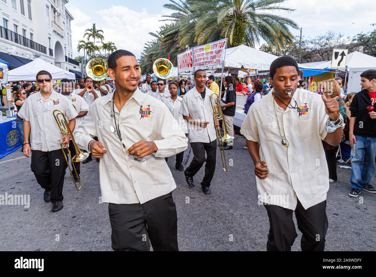 Miami Florida,Coral Gables,Carnaval on the Mile,Hispanic festival,Miami Street Band,Black man men male,marching,dancing,perform,music,FL100307031 Stock Photo