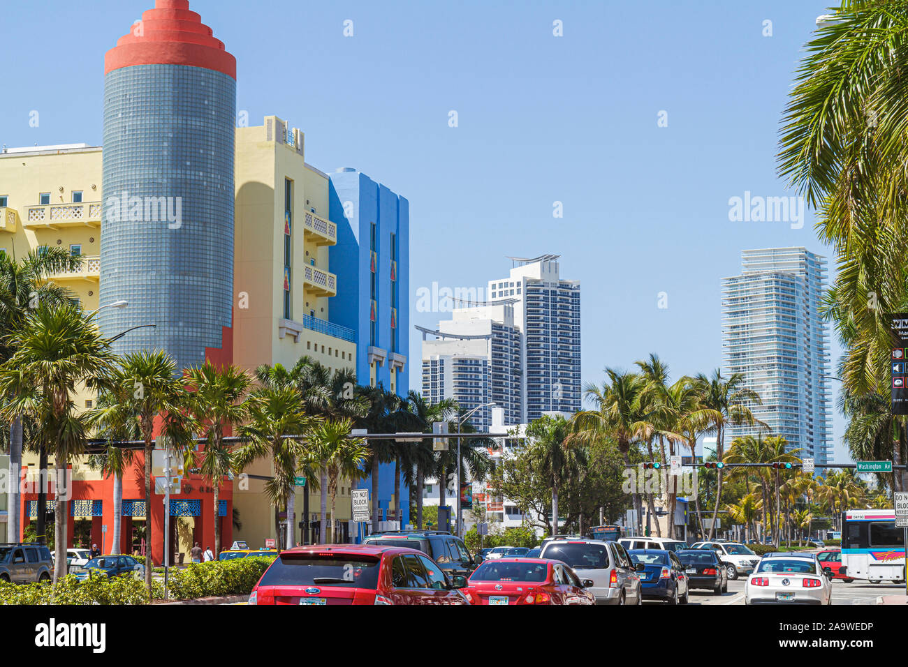 Miami Beach Florida,Fifth 5th Street,glass block tower 404 Washington Avenue building,traffic,FL100331025 Stock Photo