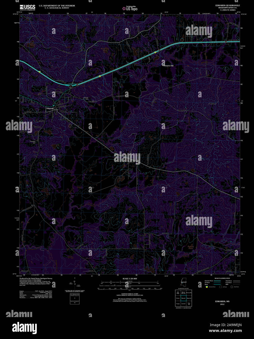 USGS TOPO Map Mississippi MS Edwards 20120508 TM Inverted Restoration Stock Photo